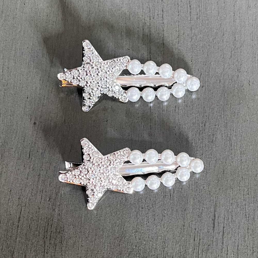 Silver Star White Pearl Allover Rhinestone Alligator Clip 2.5" Barrette Pair Set